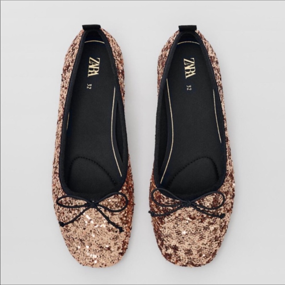 Zara girls ballerina flats rose gold sparkly glitter metallic bow square toe
